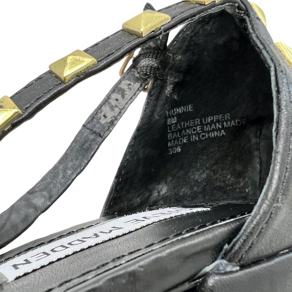 STEVE MADDEN "HUNNIE" BLACK ANKLE STRAP OPEN TOE HEELS WITH GOLD STUDS - Picture 6 of 16